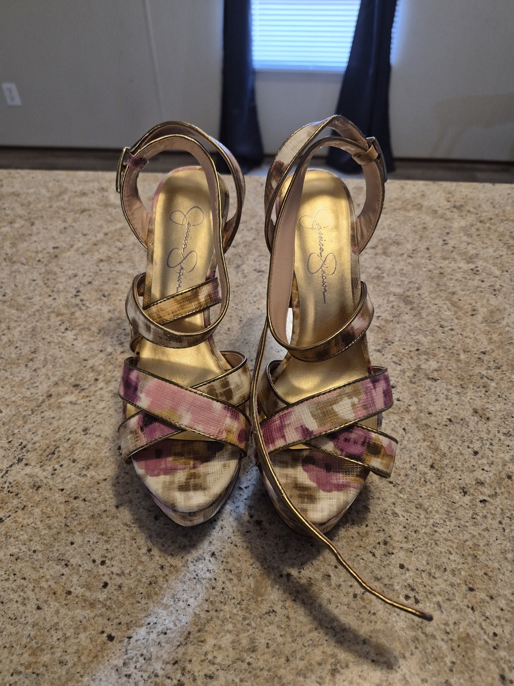 Jessica Simpson Gold and Pink Floral Strappy Heeled Sandals